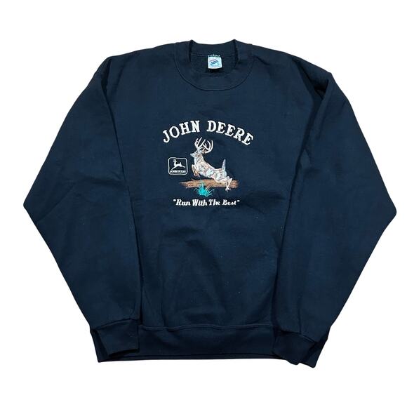 Vintage 80s John Deere Embroidered Black Crewneck Sweatshirt Jerzees L - Picture 1 of 4